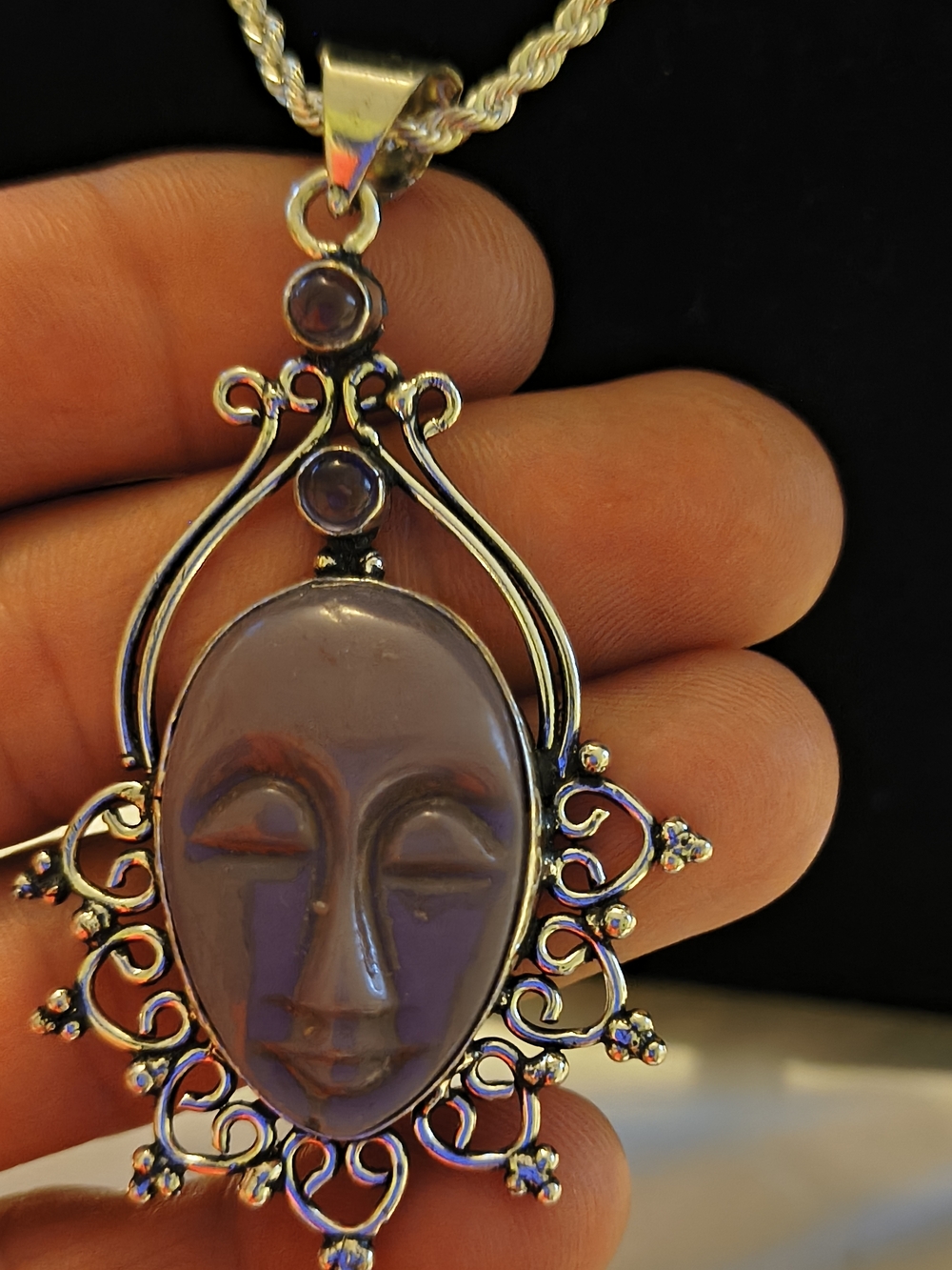 Natural Rare Purple Jadeite Hand Carved Set In 925 Sterling Silver Chain
